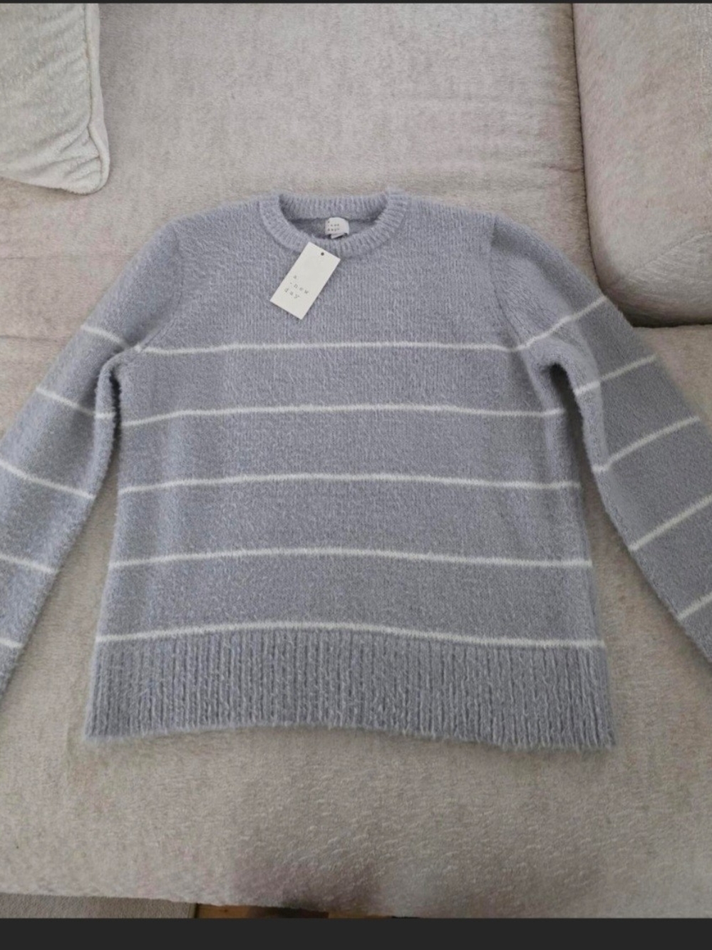 a new day Light Gray and White Striped Crewneck Sweater